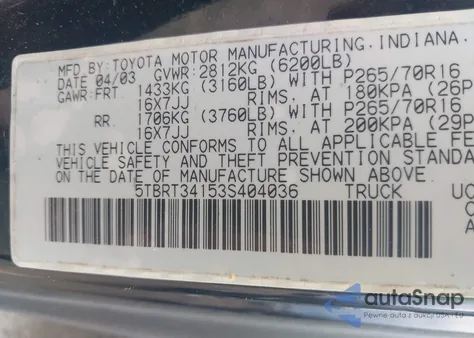 2003 Toyota Tundra Sr5 V8 from USA, damaged, VIN 5TBRT34153S404036